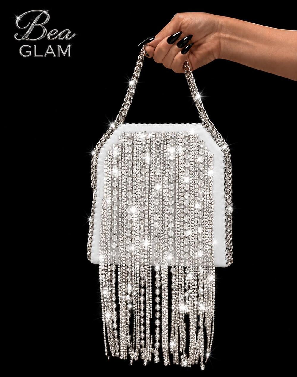 House of Harlow 1960 Diana Rhinestone Waterfall Fringe Crossbody Purse White